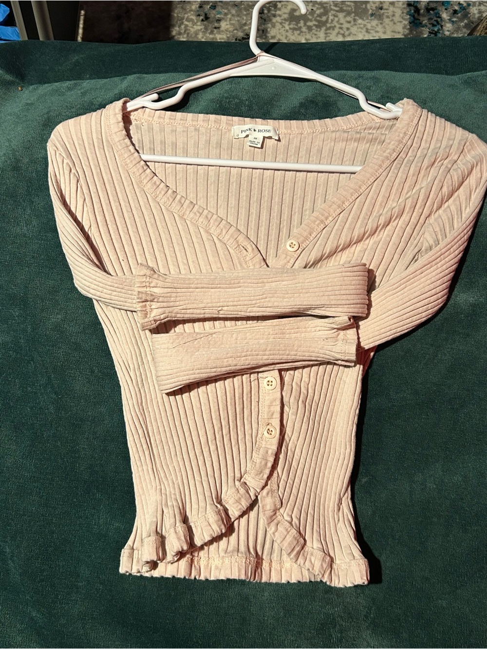Pink Rose Blush Ribbed V-Neck Button-Front Sweater